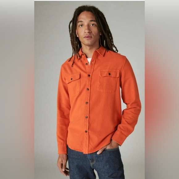 Lucky Brand Men's Top Solid Utility Cloud Soft Long Sleeve Flannel Orange Sz L - Picture 1 of 12